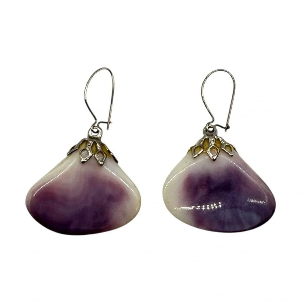 Wampum Shell Dangle Earrings | Purple & White Natural Shell Silver Hook